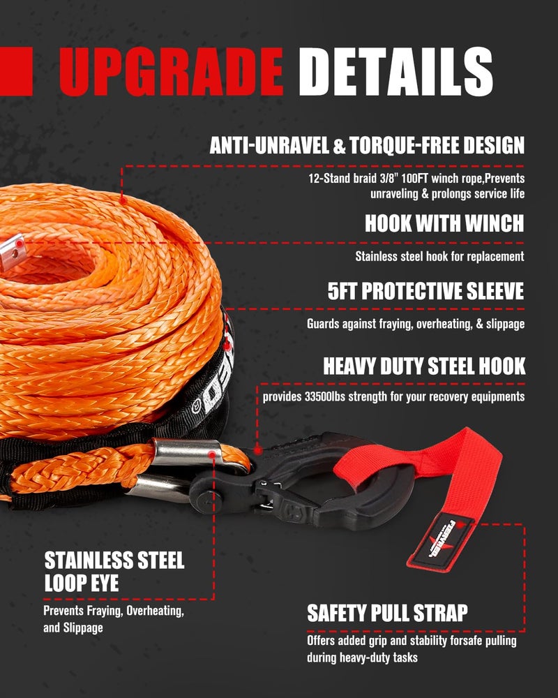 FieryRed Synthetic Winch Rope Cable Kit 3/8inch 100FT 26500lbs Winch Line Replacement with Forged Hook Protective Sleeve for 4WD Off-Road Vehicle SUV, Orange - Image 4